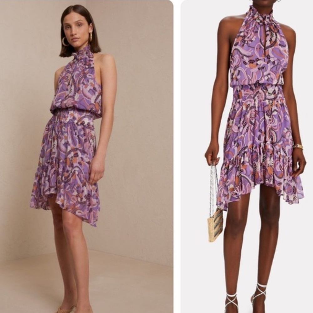 A.L.C. Cody Silk High Neck Ruffle Asymmetrical Dress Paisley Purple-Multi Size 2